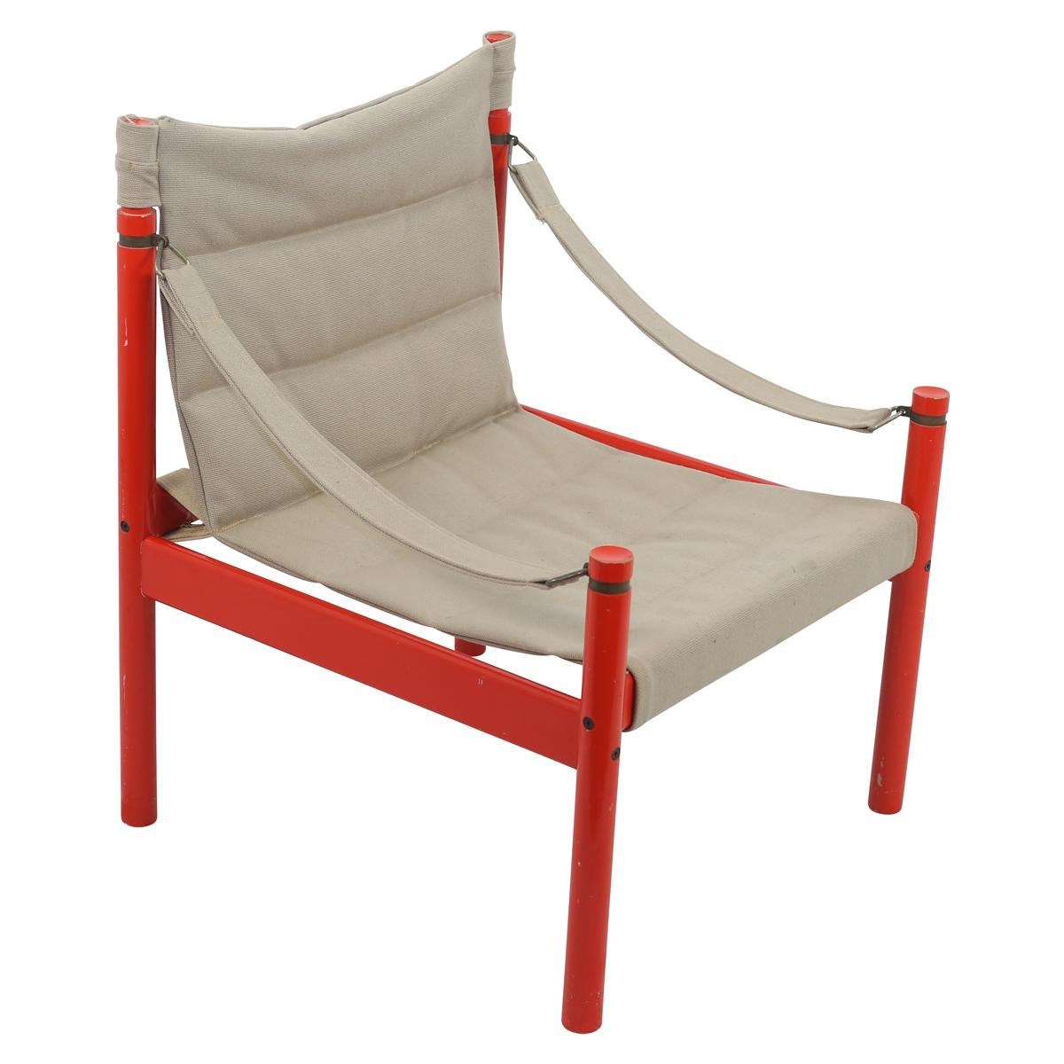 Unusual Scandinavian safari chair with red hi gloss wood painted frame and natural canvas fabric seat and back.