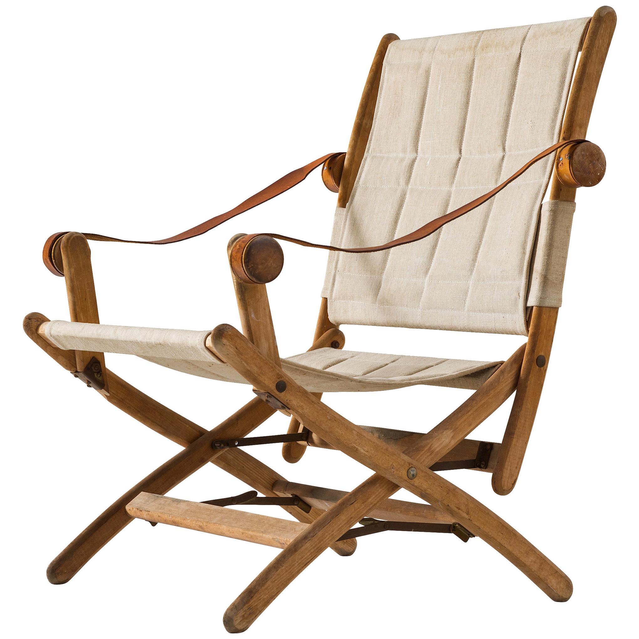 Scandinavian Safari Folding Chair in Beech and Canvas Upholstery