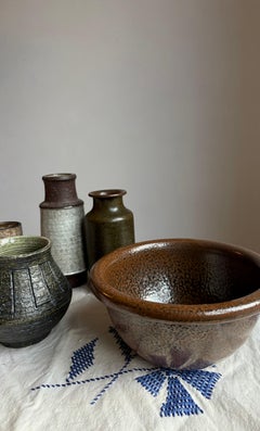 Scandinavian Salt Glazed Brown Ceramic Bowl, 1950s