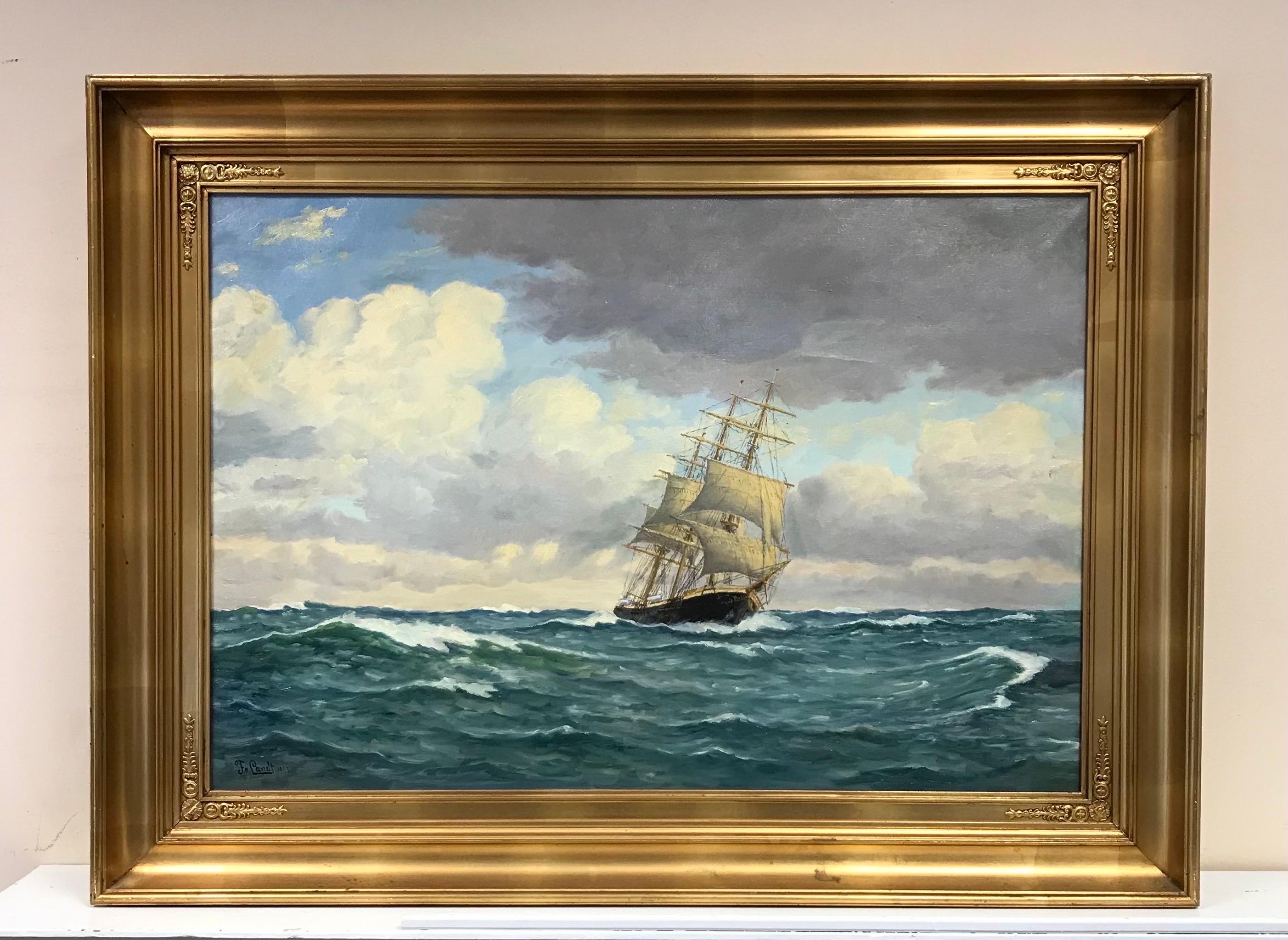 Très grande peinture à l'huile de la marine - Voilier à trois mâts en mer, signée - Painting de Scandinavian School 