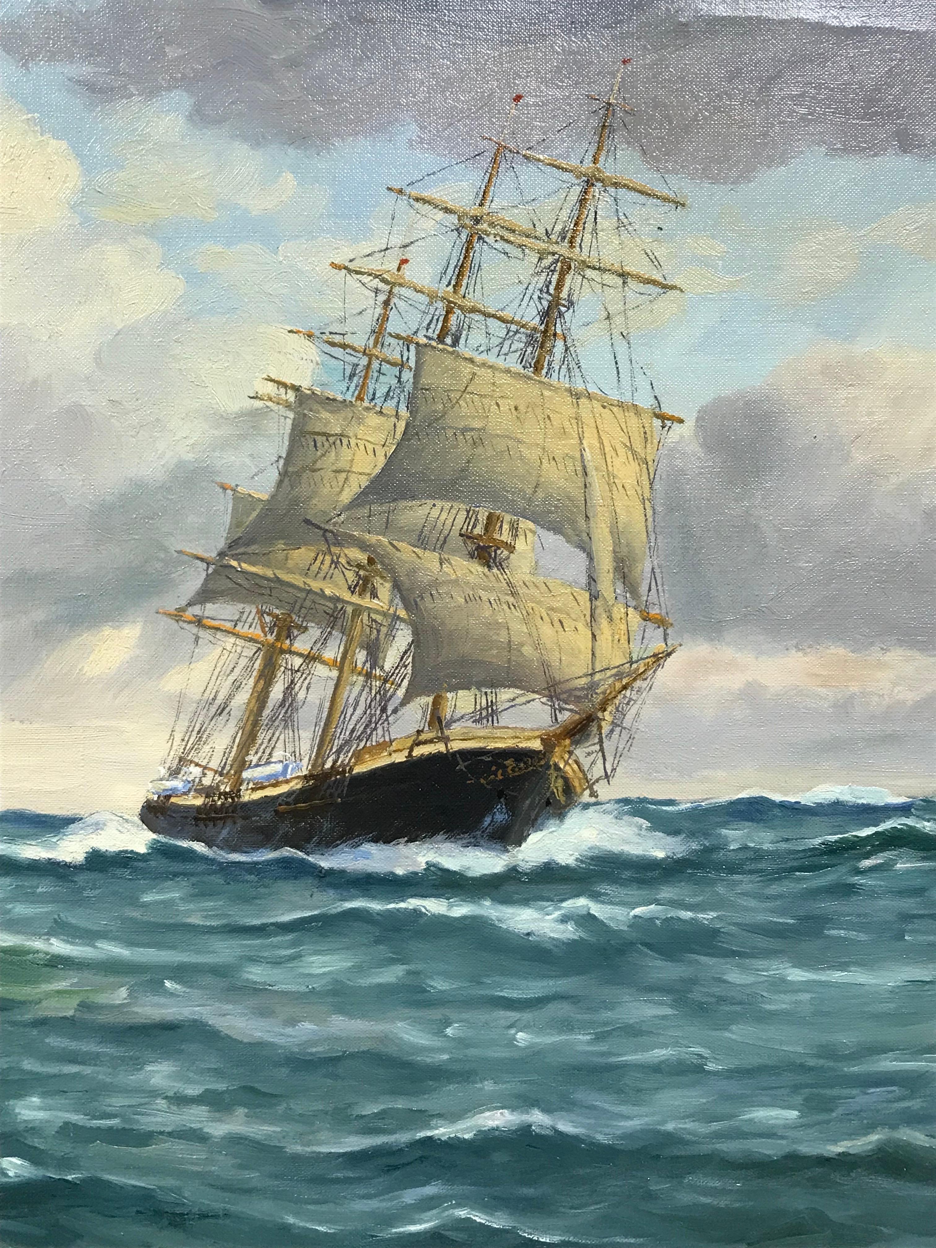 Très grande peinture à l'huile de la marine - Voilier à trois mâts en mer, signée - Victorien Painting par Scandinavian School 