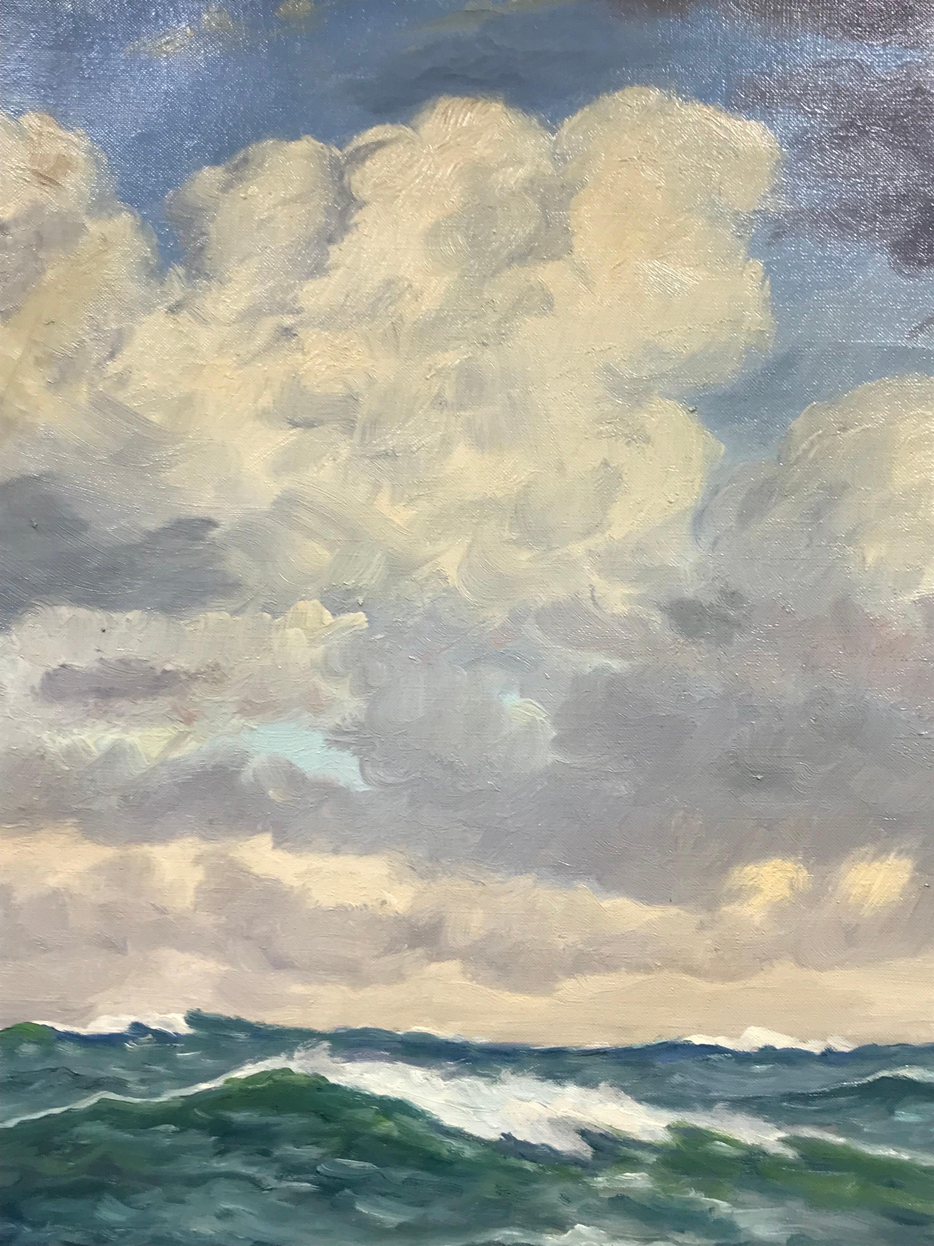 Très grande peinture à l'huile de la marine - Voilier à trois mâts en mer, signée - Marron Landscape Painting par Scandinavian School 
