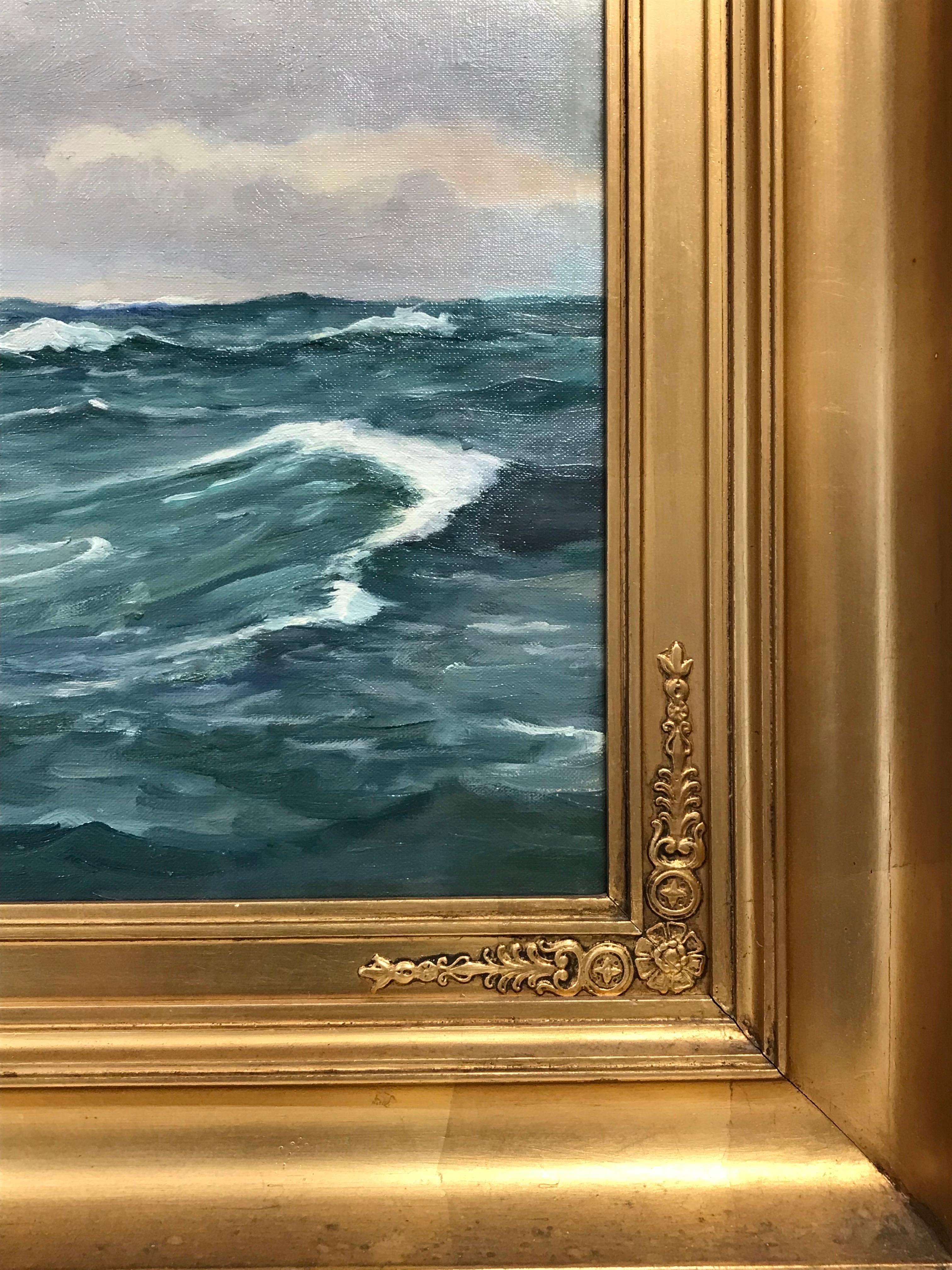 Très grande peinture à l'huile de la marine - Voilier à trois mâts en mer, signée en vente 1