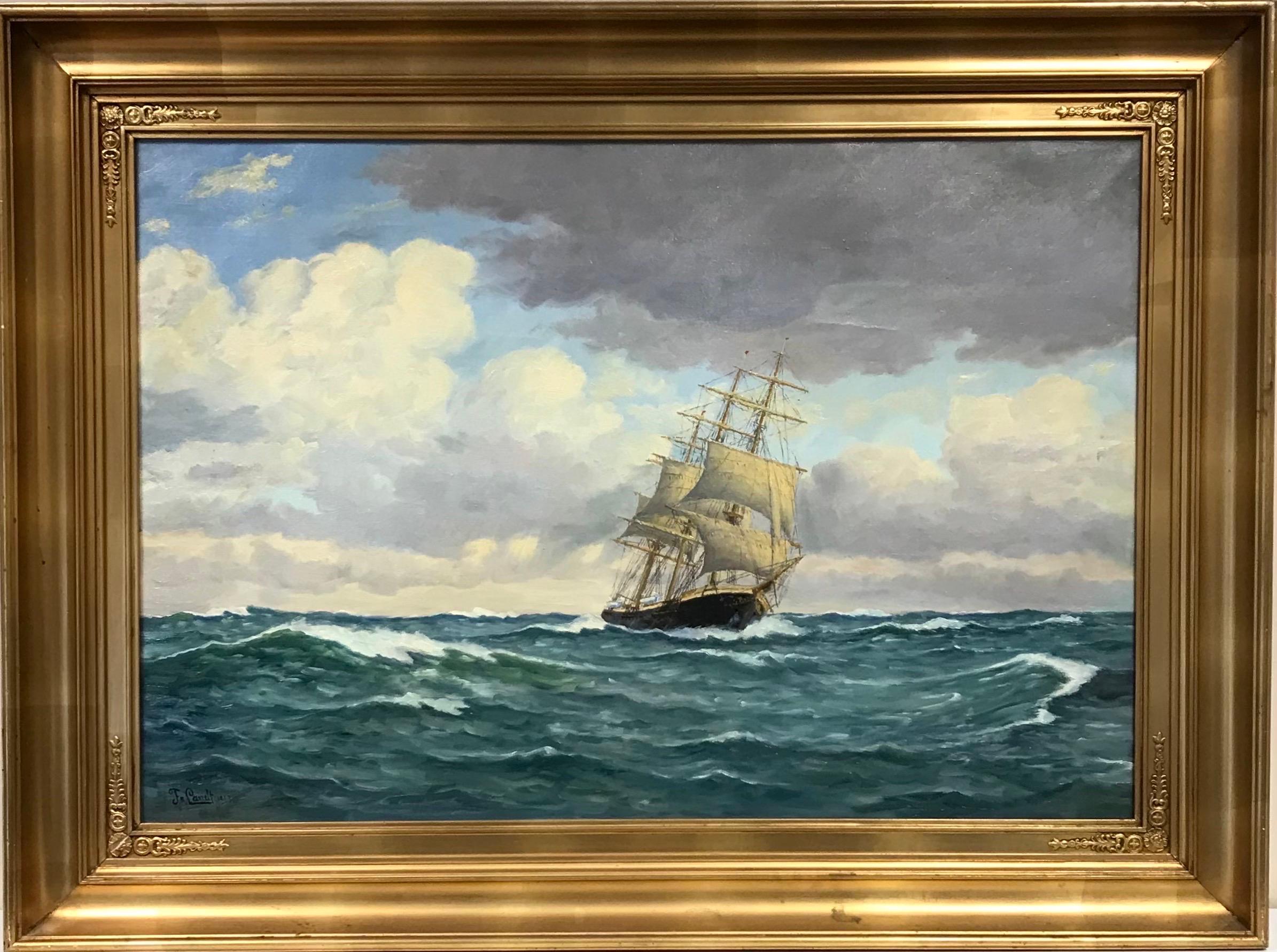 Landscape Painting Scandinavian School  - Très grande peinture à l'huile de la marine - Voilier à trois mâts en mer, signée