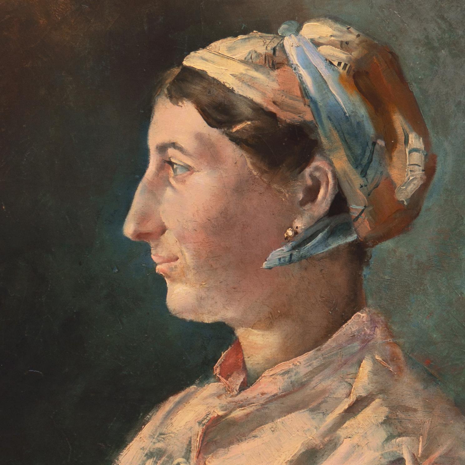 „Porträt einer jungen Frau“, goldener Ohrring, Seidenschal  – Painting von Scandinavian School