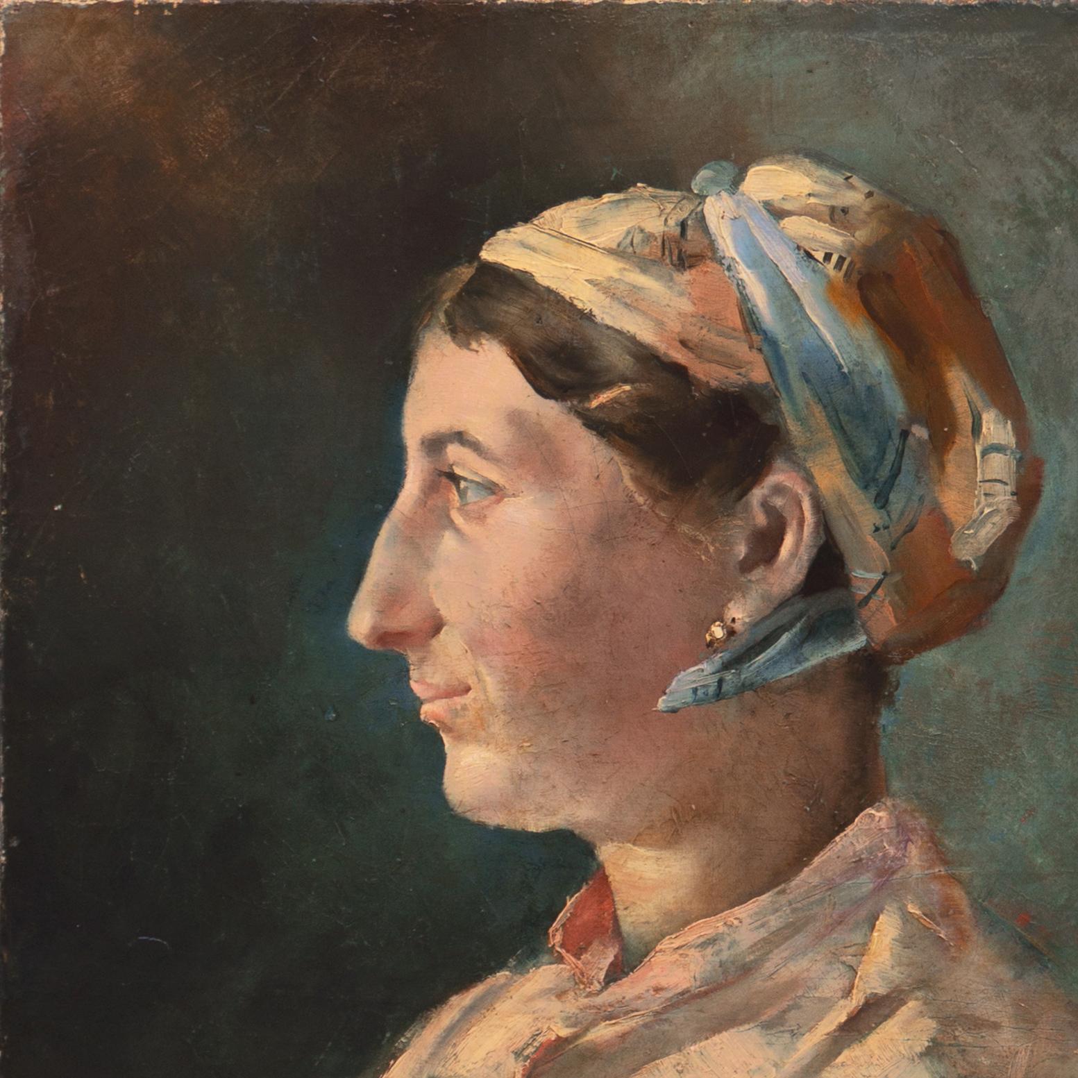 „Porträt einer jungen Frau“, goldener Ohrring, Seidenschal  (Schwarz), Portrait Painting, von Scandinavian School
