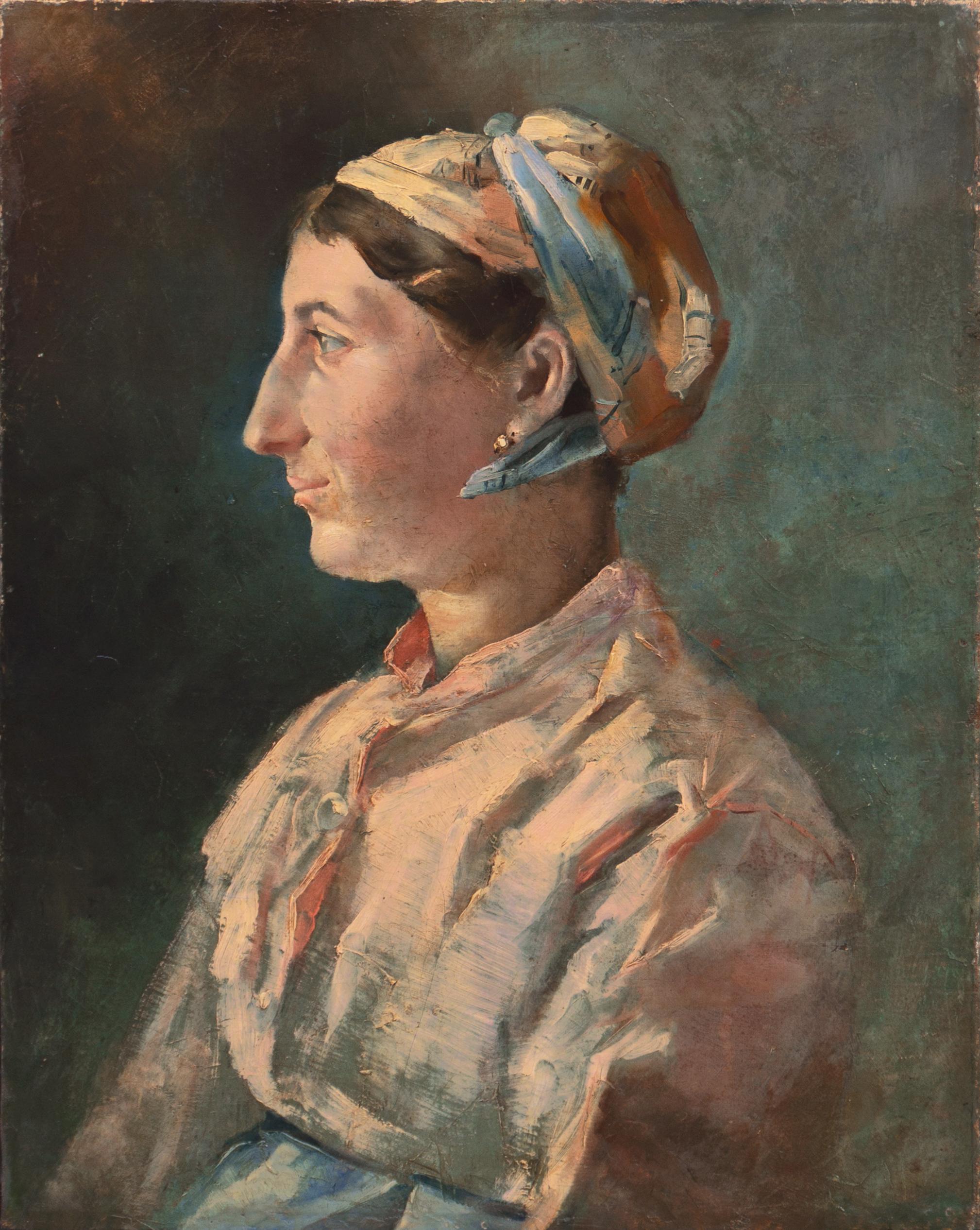 Scandinavian School Portrait Painting – „Porträt einer jungen Frau“, goldener Ohrring, Seidenschal 