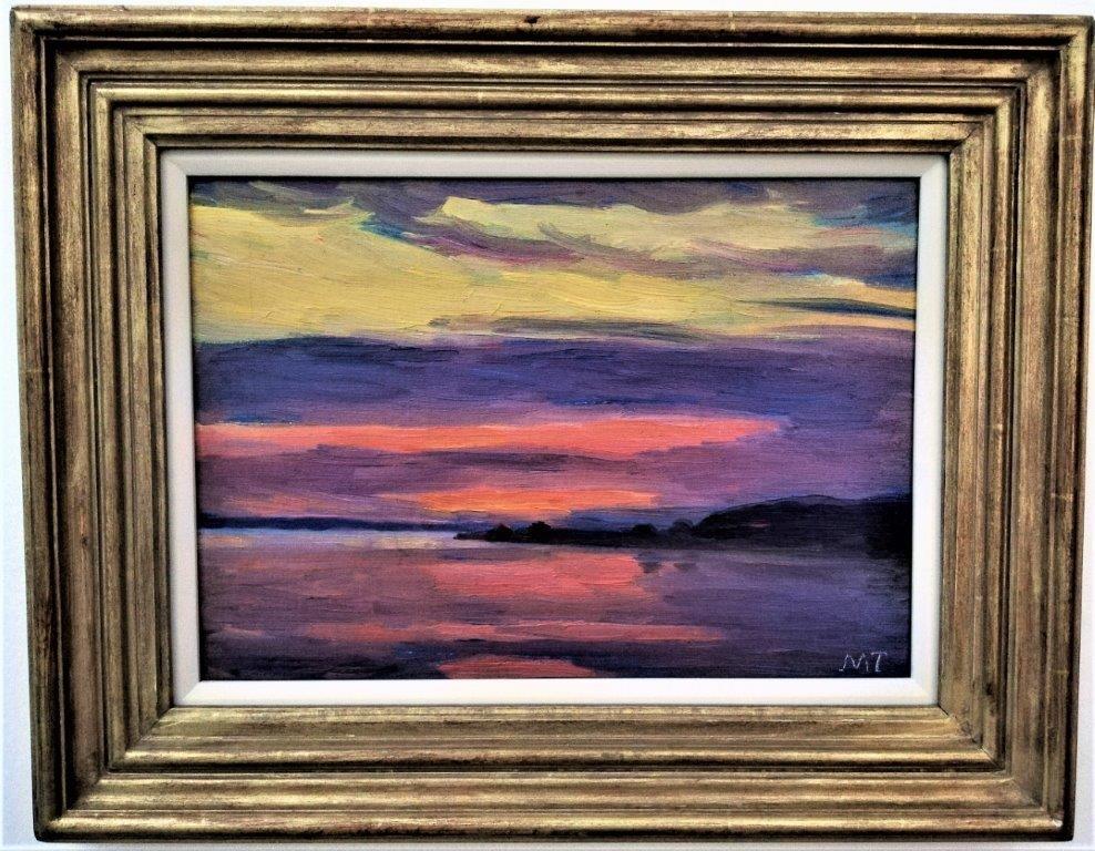 “Sunset”, post- impressionist Scandinavian landscape at sunset, oil on board - Painting by Scandinavian School
