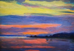 “Sunset”, post- impressionist Scandinavian landscape at sunset, oil on board