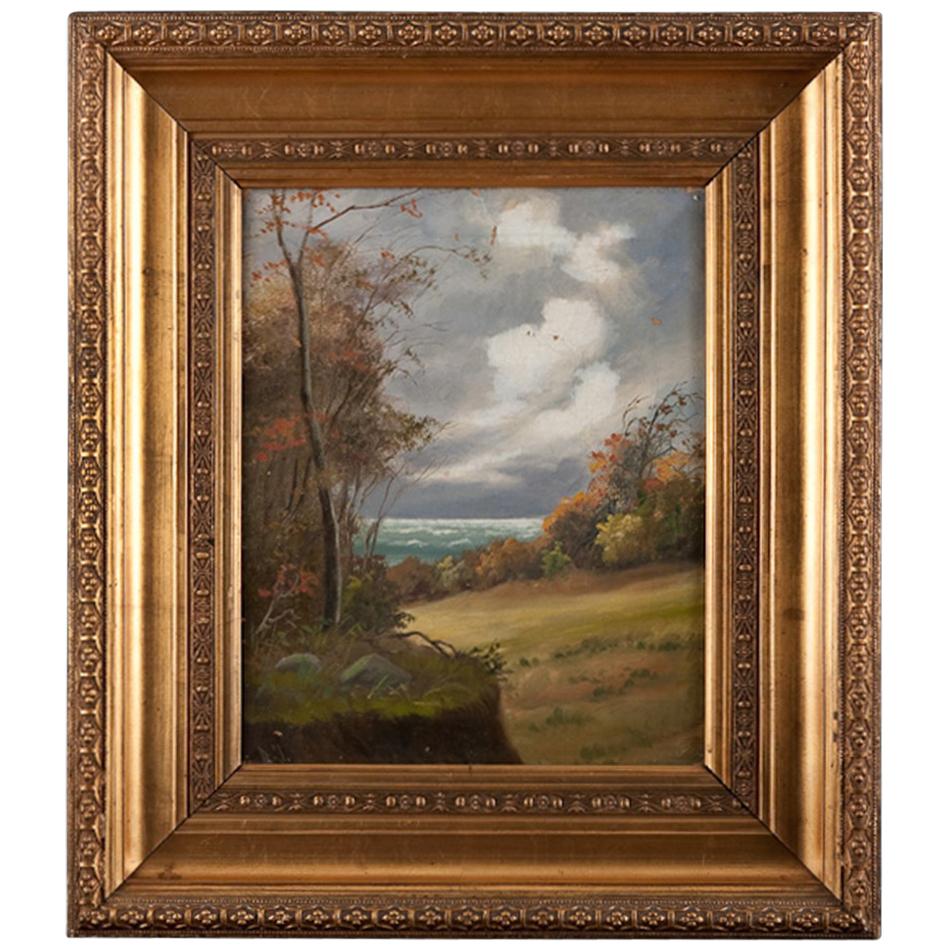 19th Century "Seascape with Meadow", Oil on Canvas, Signed A.J.