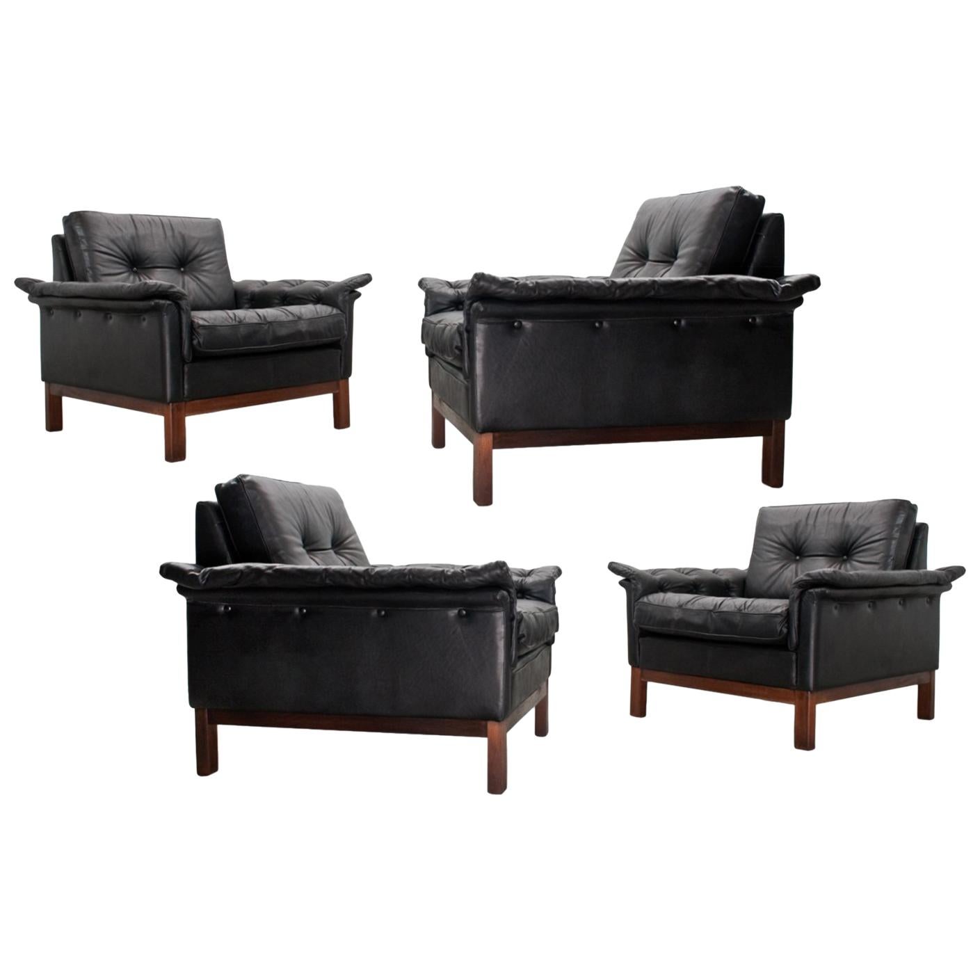 Scandinavian Modern  Black Leather Lounge Chairs, Danish Modern 1950s set of 4