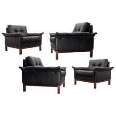 Scandinavian Modern  Black Leather Lounge Chairs, Danish Modern 1950s set of 4