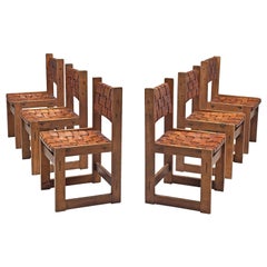 Scandinavian Set of Dining Chairs with Leather Woven Seats