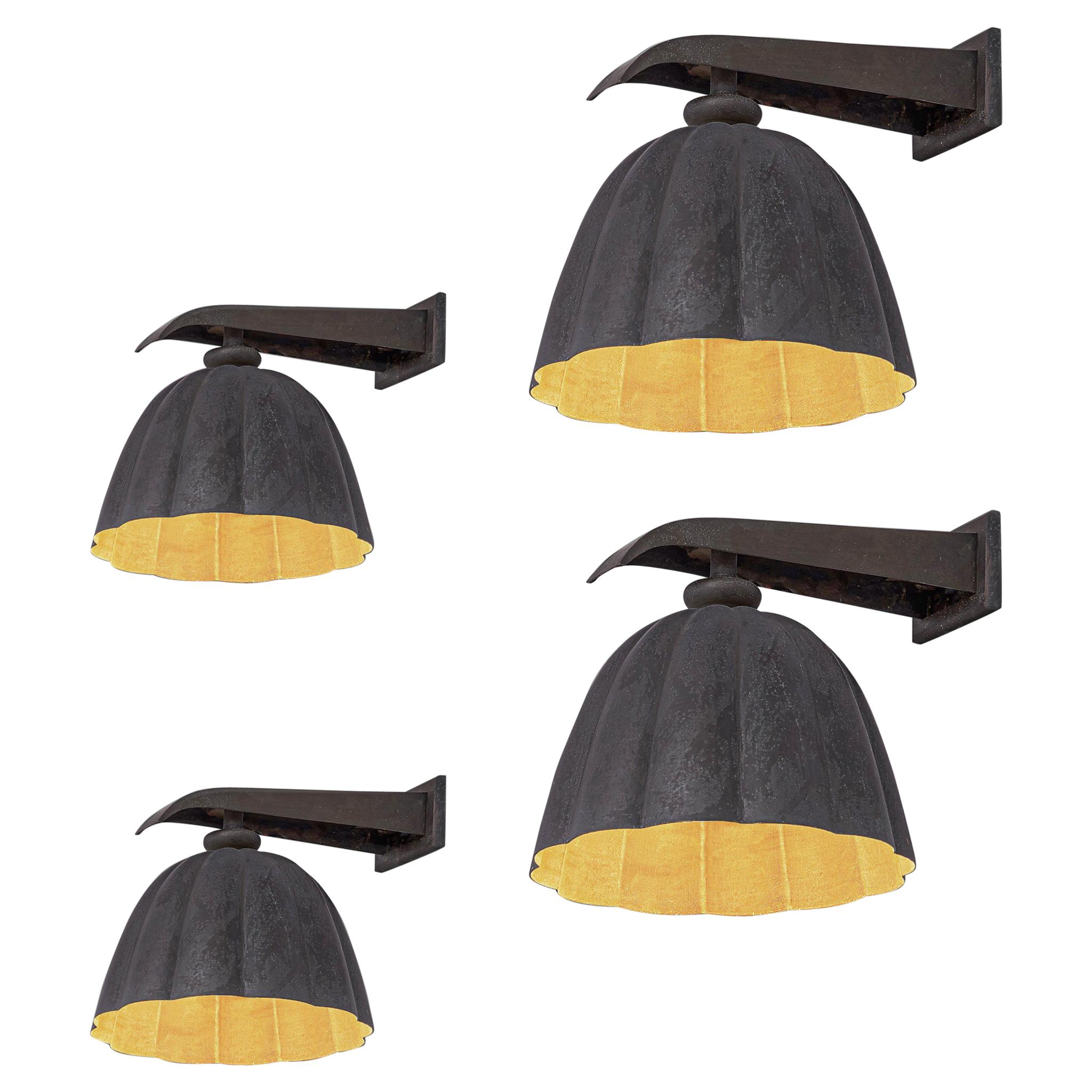 Scandinavian Set of Four Wall Lights in Patinated Copper For Sale at