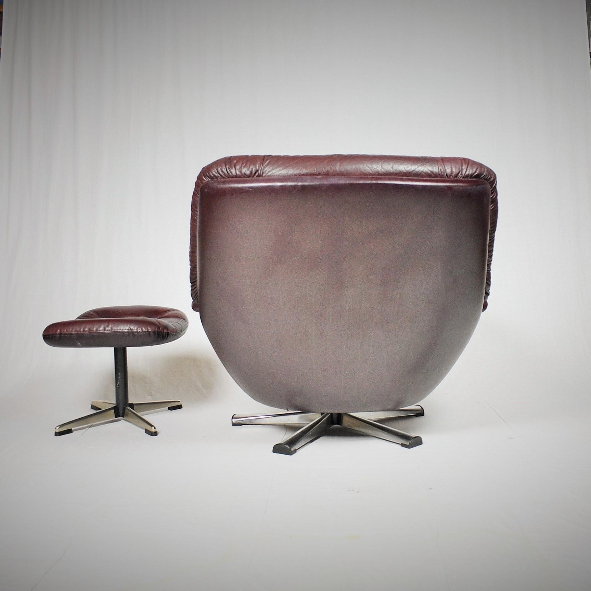 Scandinavian Set of Leather Swivel Armchair and Tabouret, 1960s 1