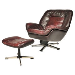 Vintage Scandinavian Set of Leather Swivel Armchair and Tabouret, 1960s