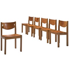 Scandinavian Set of Six Dining Chairs with Cognac Leather