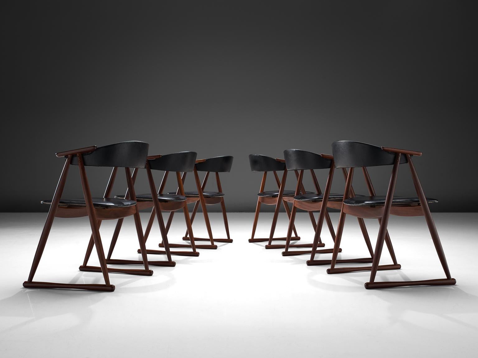 Danish Scandinavian Set of Six Dining Chairs in Leatherette and Teak