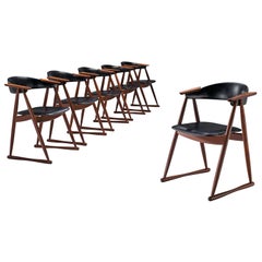 Scandinavian Set of Six Dining Chairs in Leatherette and Teak