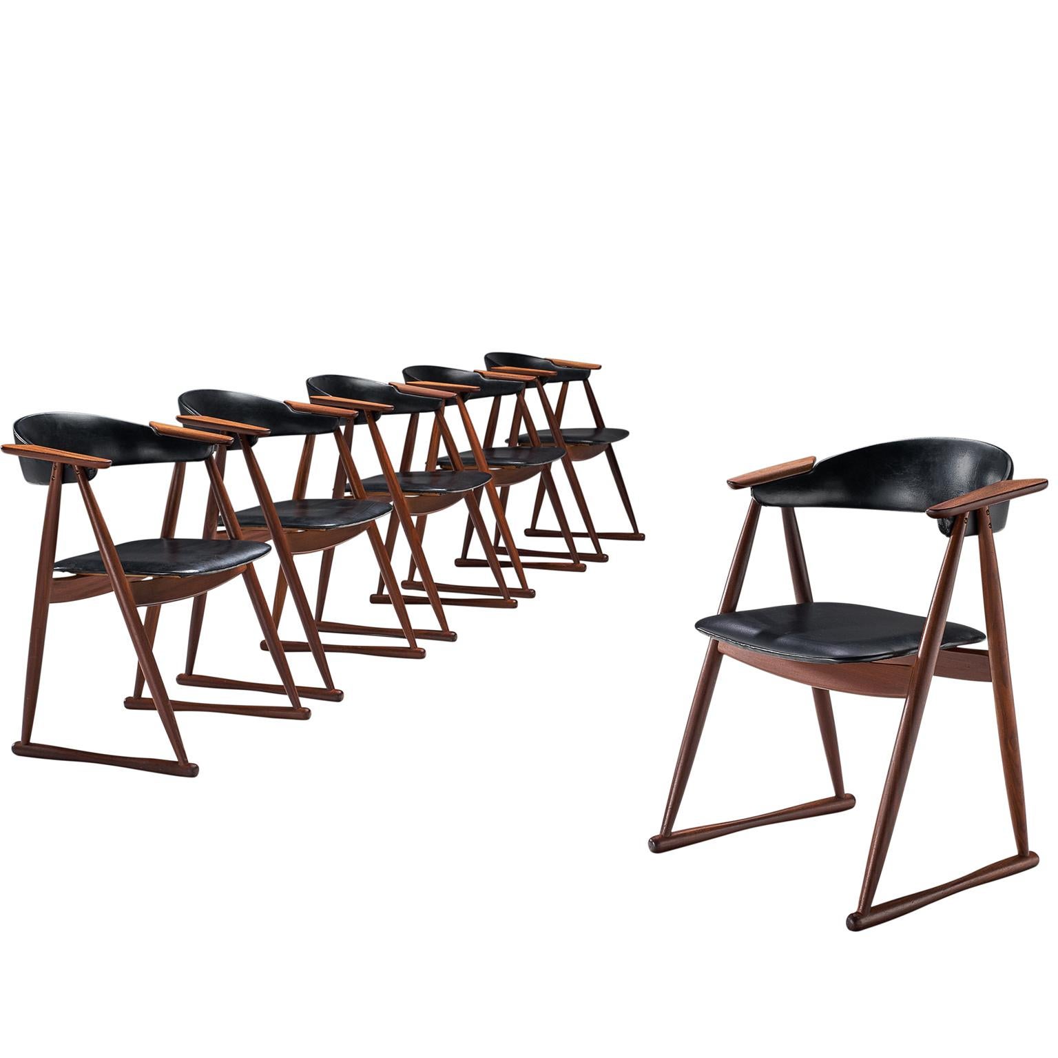 Scandinavian Set of Six Dining Chairs in Leatherette and Teak