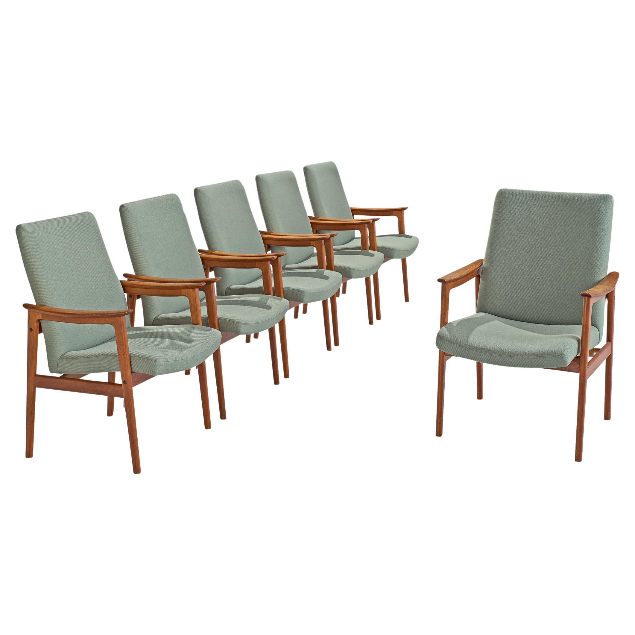 Scandinavian Set of Six High Back Armchairs in Teak and Mint Green Fabric 