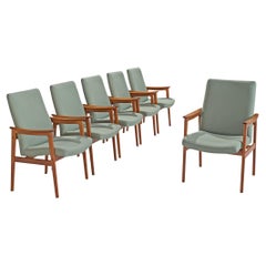Scandinavian Set of Six High Back Armchairs in Teak and Mint Green Fabric