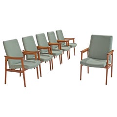 Retro Scandinavian Set of Six High Back Armchairs in Teak and Mint Green Fabric 