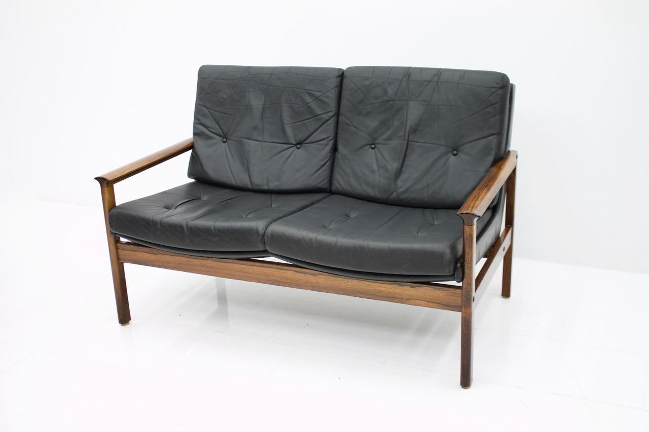 Scandinavian Modern Scandinavian Settee in Black Leather Sofa, 1960s
