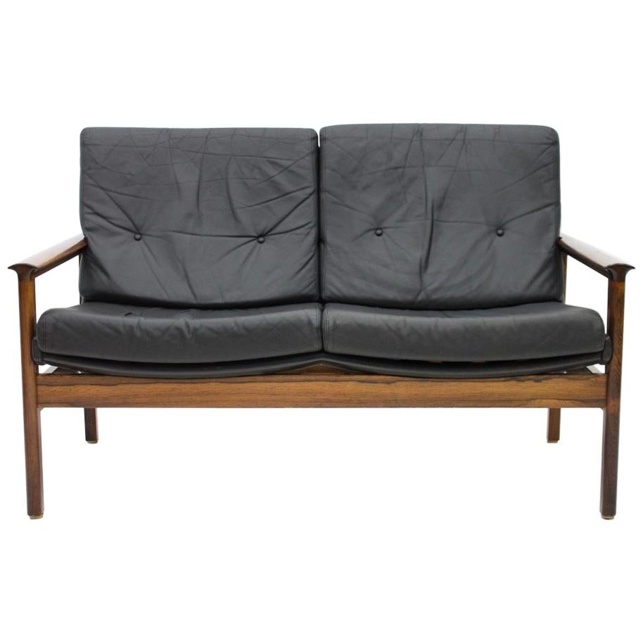 Scandinavian Settee in Black Leather Sofa, 1960s
