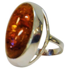 Scandinavian Silver Ring with Amber Stone 1960s, Denmark