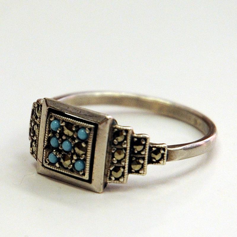 Mid-Century Modern Scandinavian Silver Ring with Small Blue and Clear Stones, 1970s