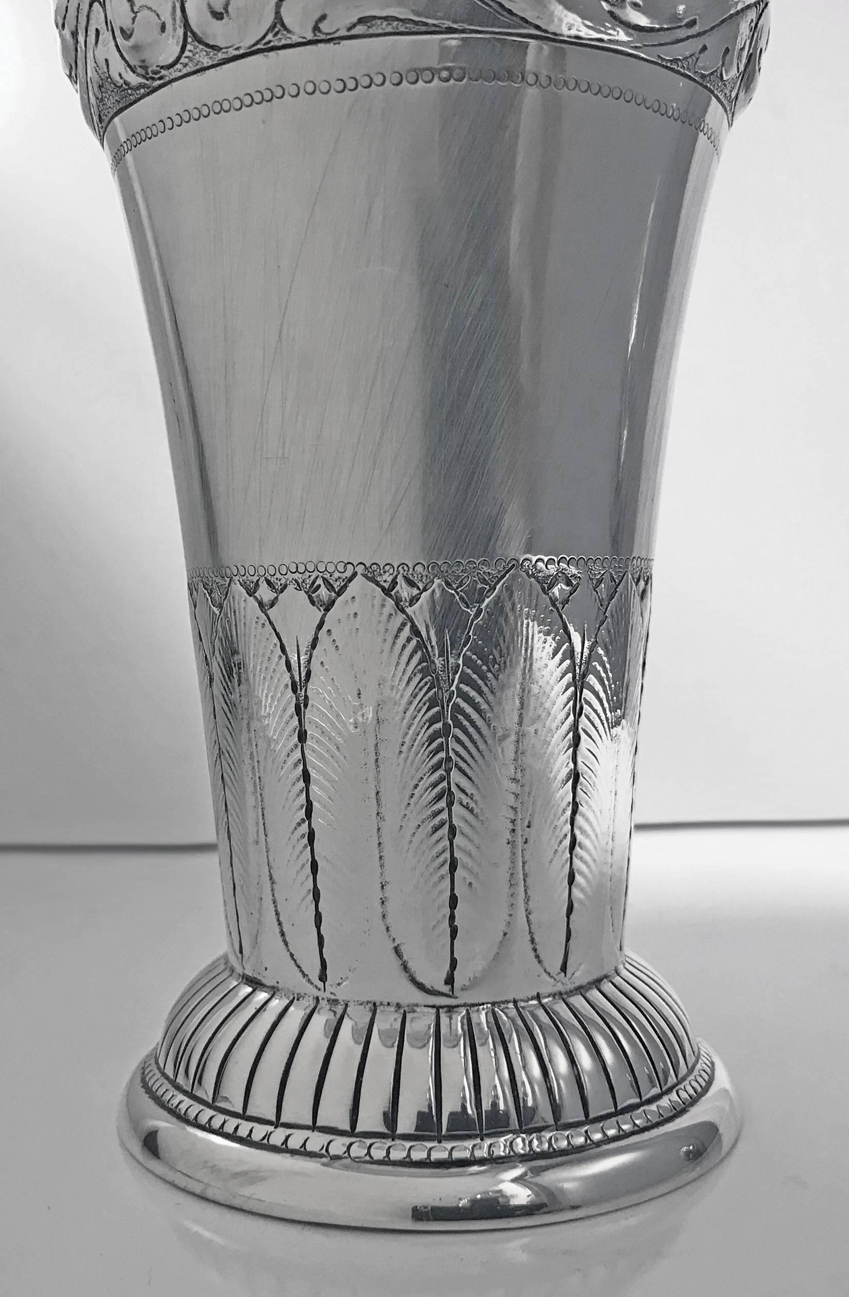 A. Steffensen, silver vase, Copenhagen Denmark, circa 1920. J.M.A. Steffensen (1905-1937) - Danish silversmith in Copenhagen hallmarked on base with the ‘Three Tower Mark’, assay mark ‘CFH’ by Christian Heise (active 1904-1932) and maker's mark ‘A.