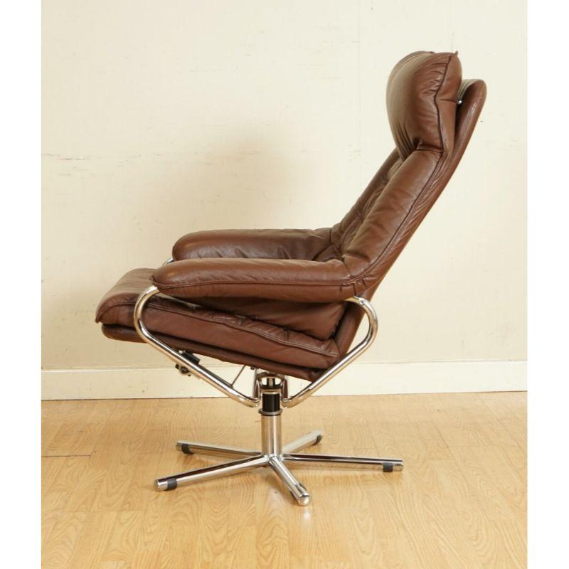 Scandinavian Modern Scandinavian Skoghaus Industri Brown Leather Lounge Chair and Footstool