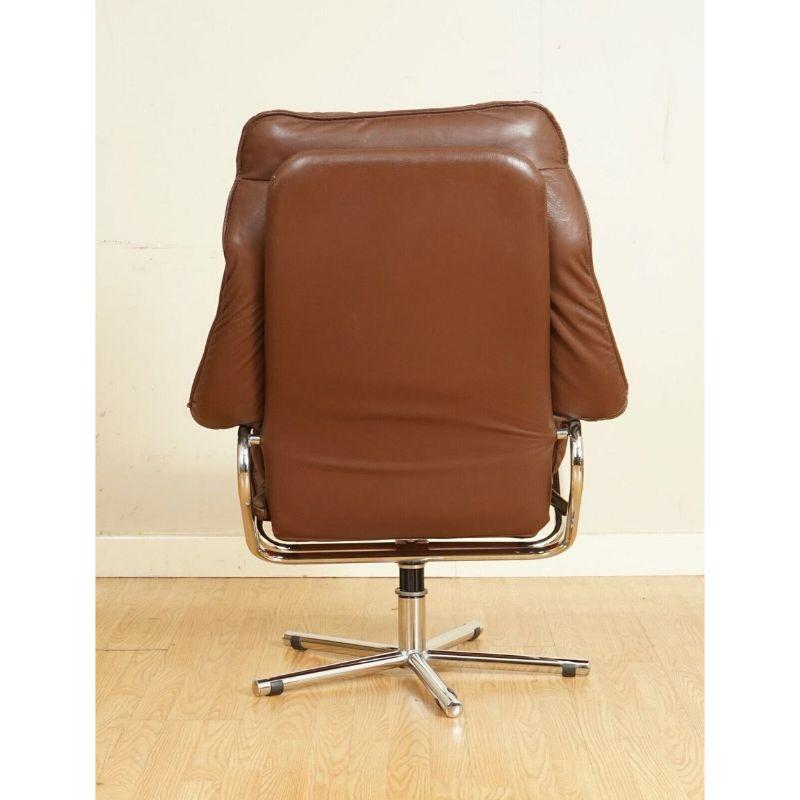 Norwegian Scandinavian Skoghaus Industri Brown Leather Lounge Chair and Footstool