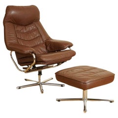 Scandinavian Skoghaus Industri Brown Leather Lounge Chair and Footstool