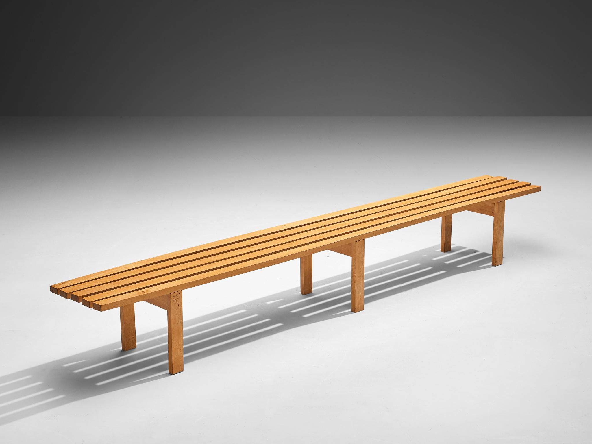 Bench, beech, Scandinavia, 1960s

Tranquil and stunning design made in Scandinavia in the 1960s. This slatted bench displays a natural and serene appearance, mainly due to the solid beech wood used to produce this piece. The height of the bench and