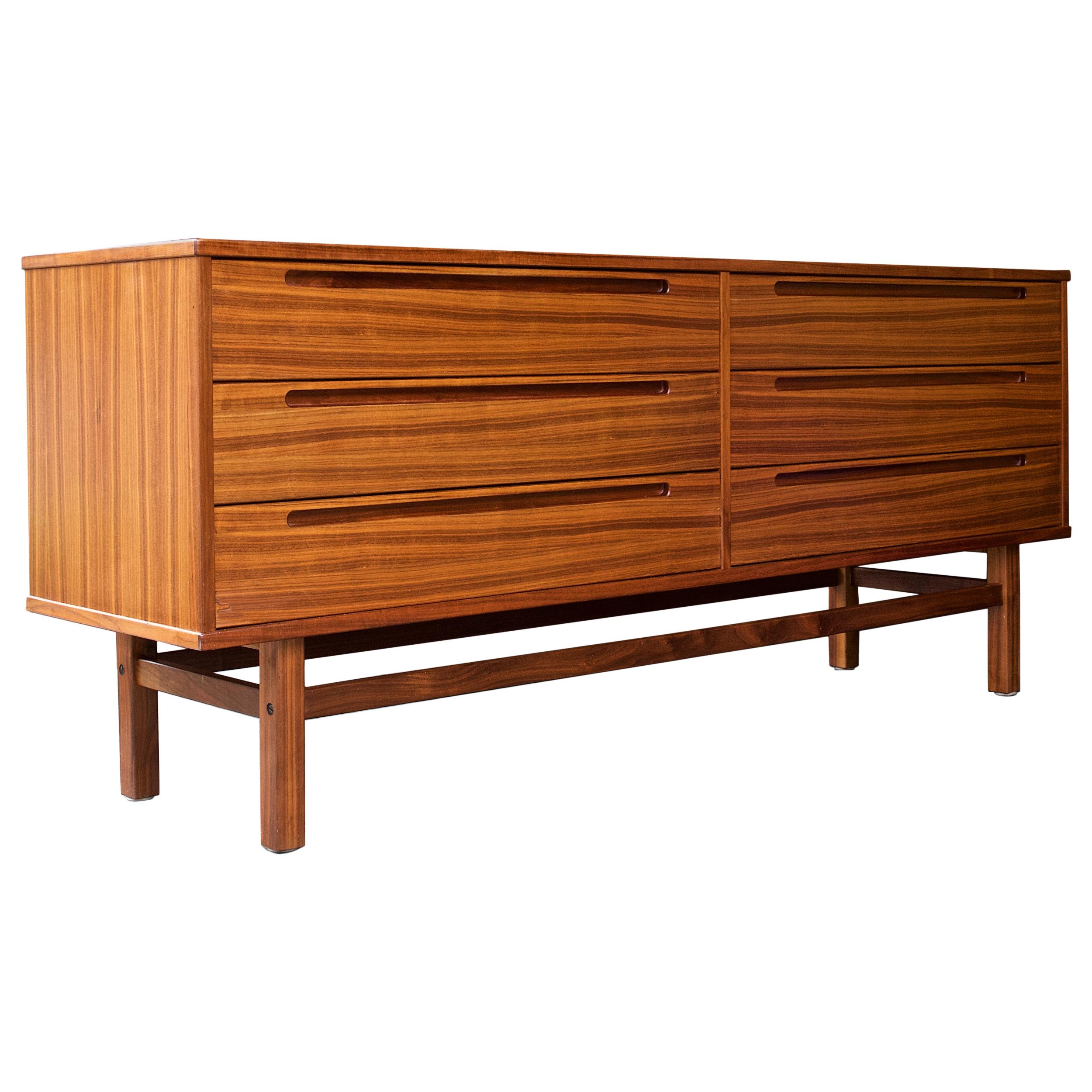 Scandinavian Sleek Striped Teak Long Dresser Bureau Cabinet Danish Midcentury