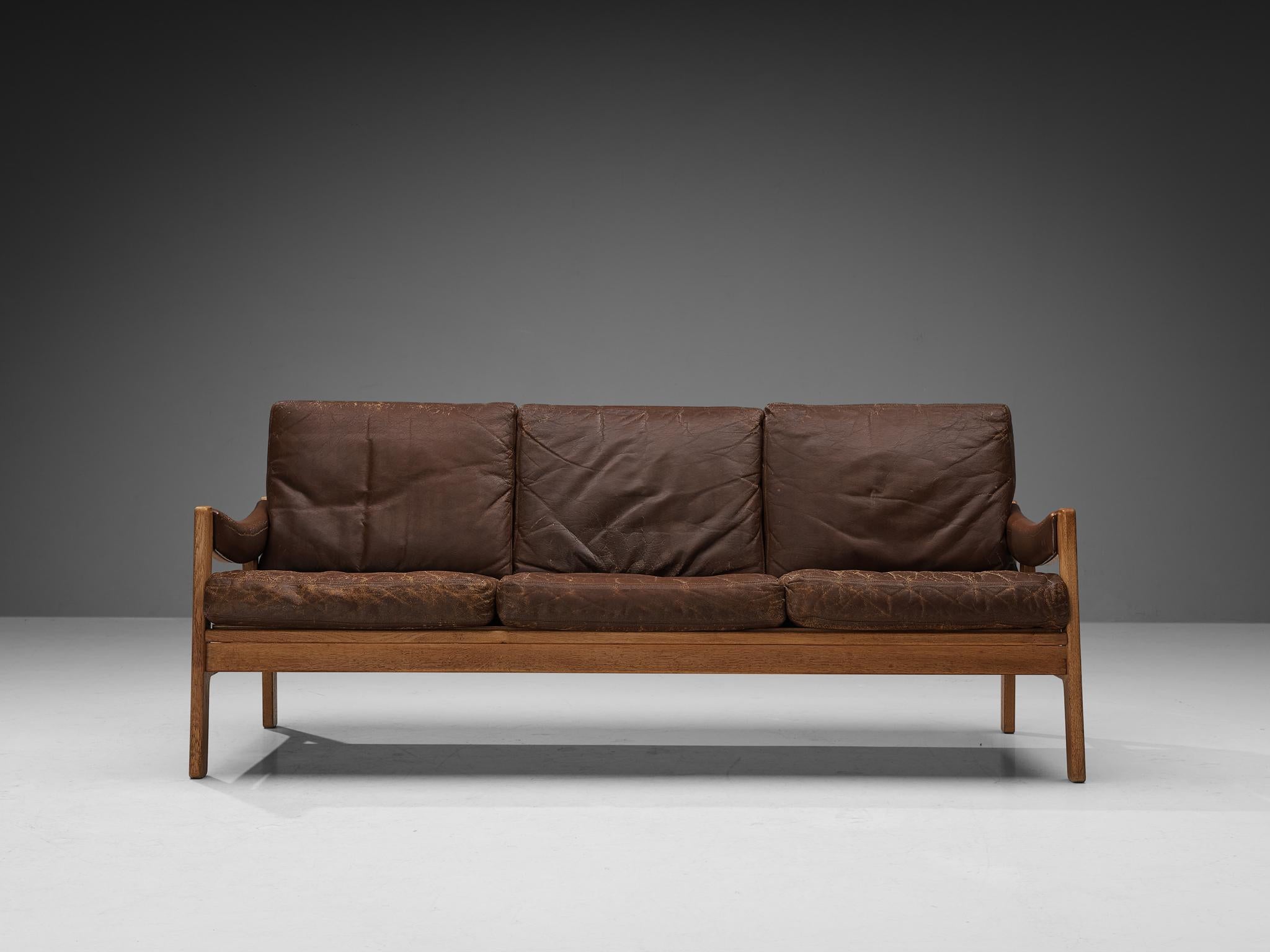 Scandinavian Sofa in Oak and Brown Leather For Sale 1