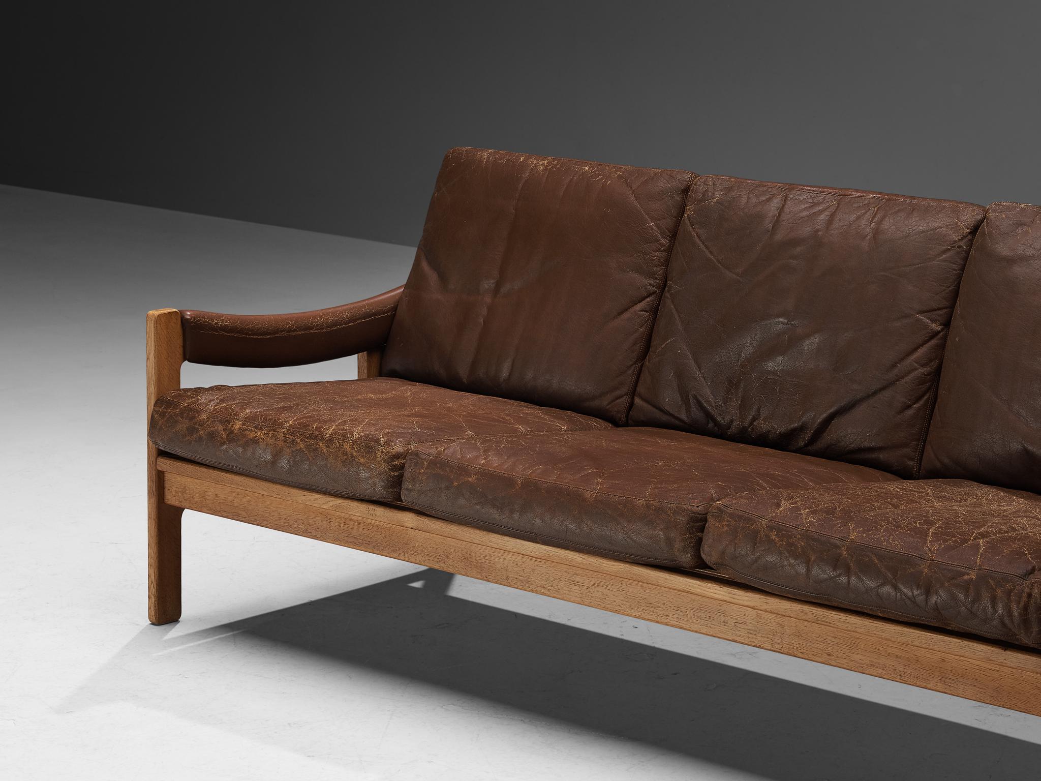 Scandinavian Sofa in Oak and Brown Leather For Sale 2