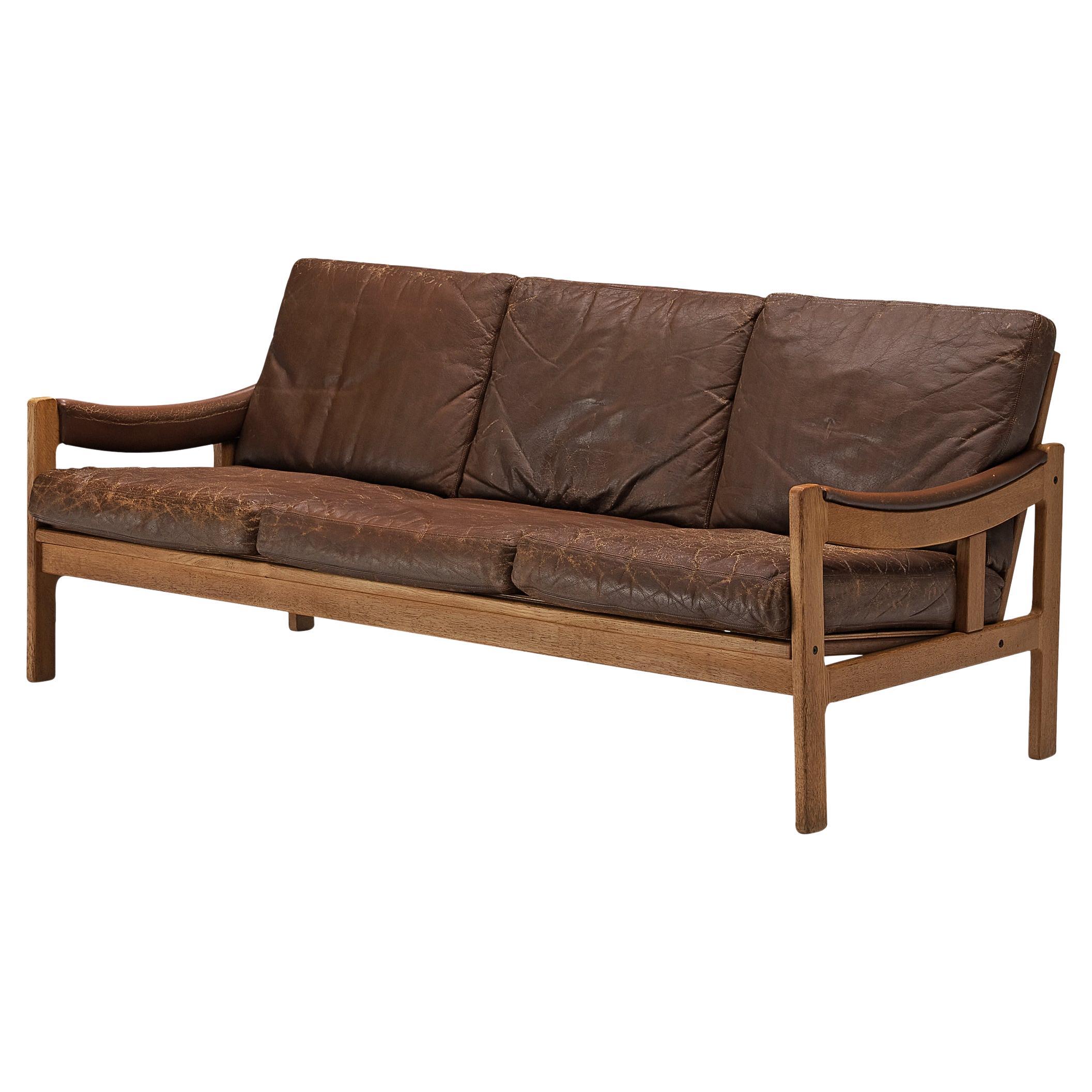 Scandinavian Sofa in Oak and Brown Leather For Sale