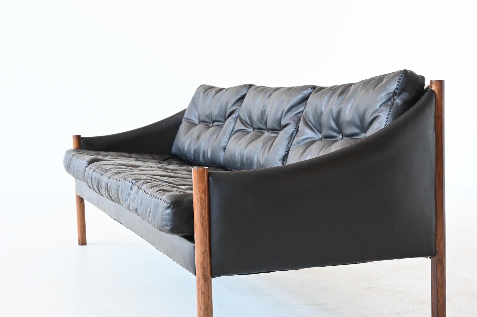 Danish Scandinavian Sofa Rosewood and Black Leather, Denmark, 1960