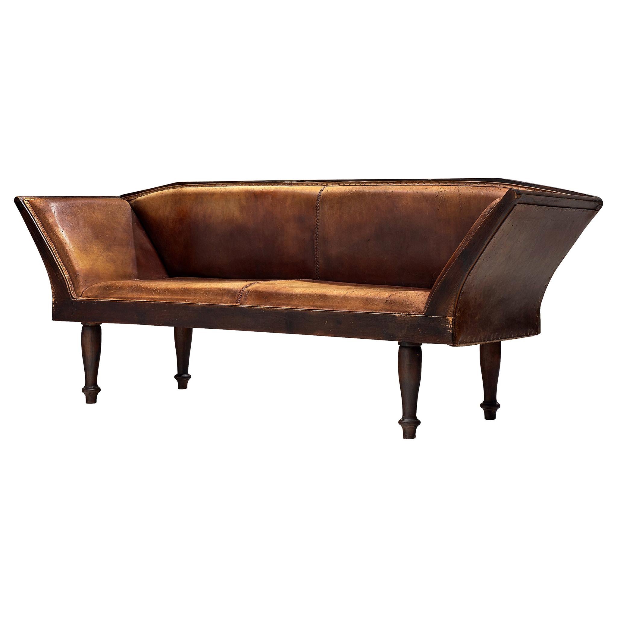 Swedish Sofa in Patinated Leather and Teak 