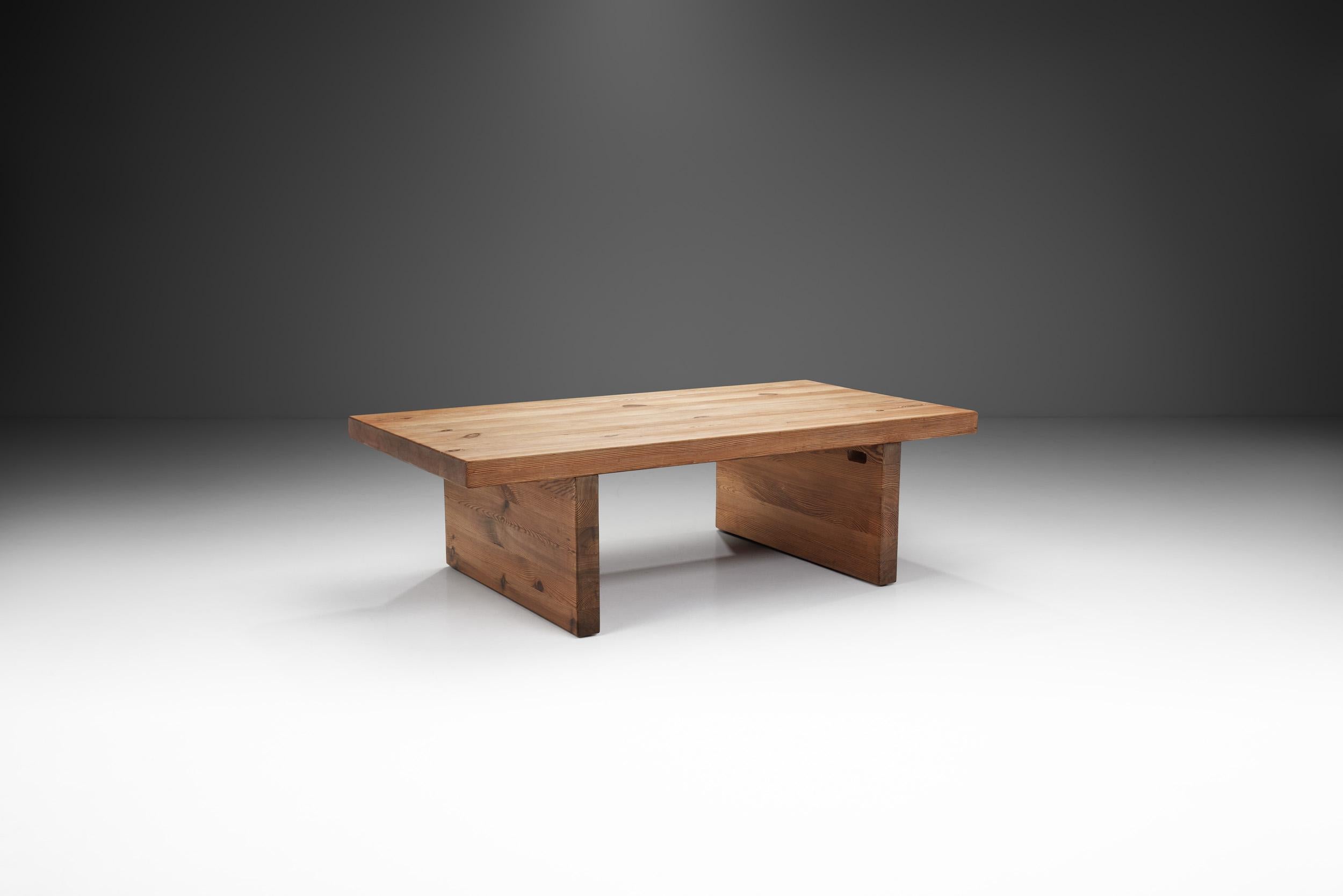 In Scandinavian mid-century design, there was an early emphasis on wood as it connected everyday objects, such as furniture to nature. This rustic, solid pine coffee table is a perfect example of this sentiment, and of the visual benefits of an