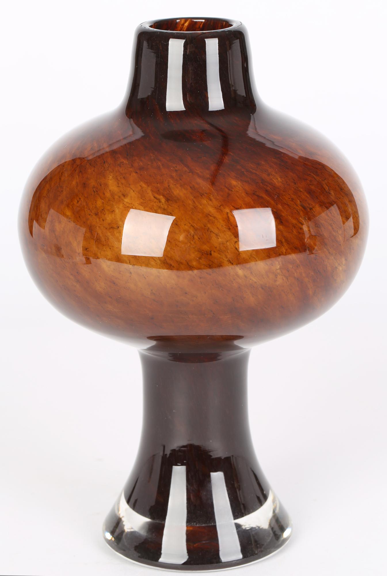 Hand-Crafted Scandinavian Space Age Blown Brown Glass Pedestal Globe Vase For Sale