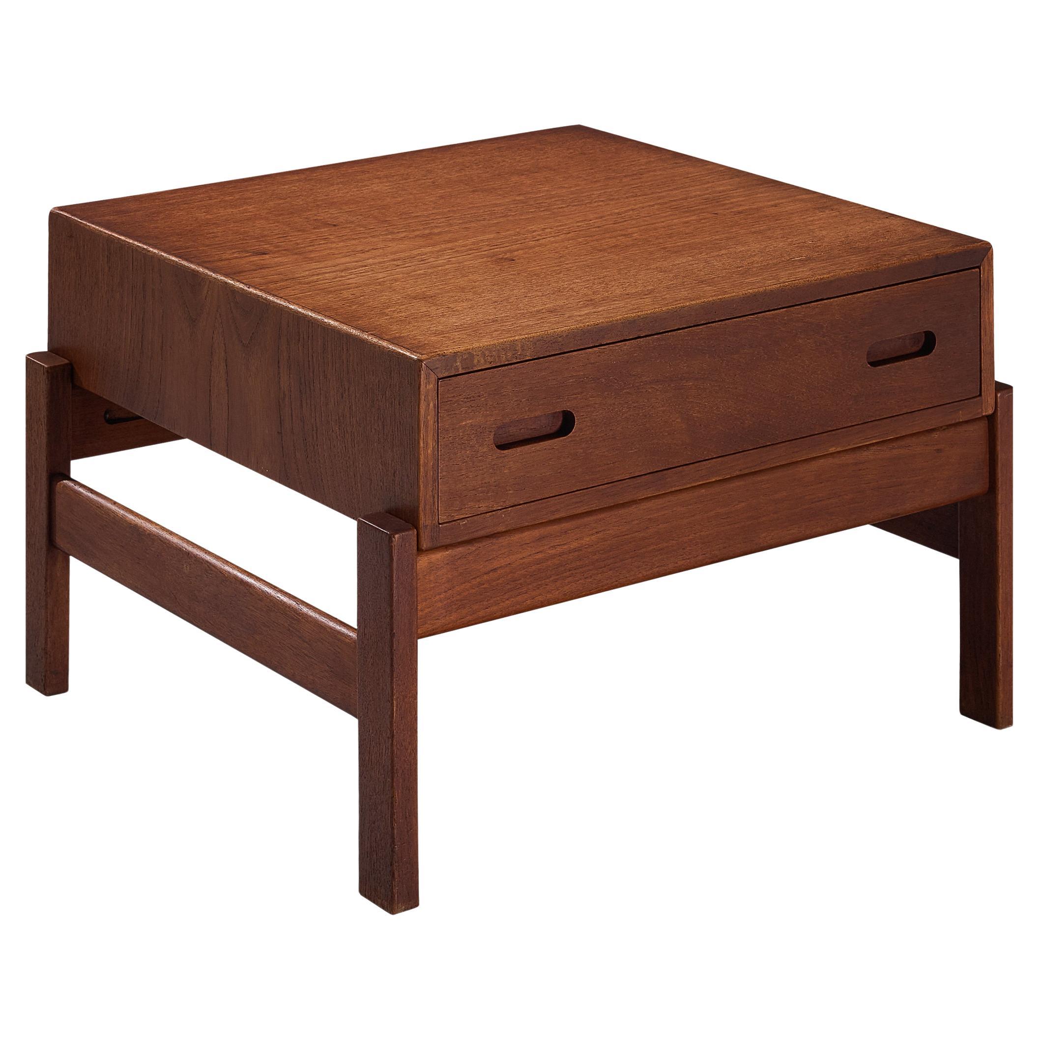 Scandinavian Square Side Table with Drawer in Teak