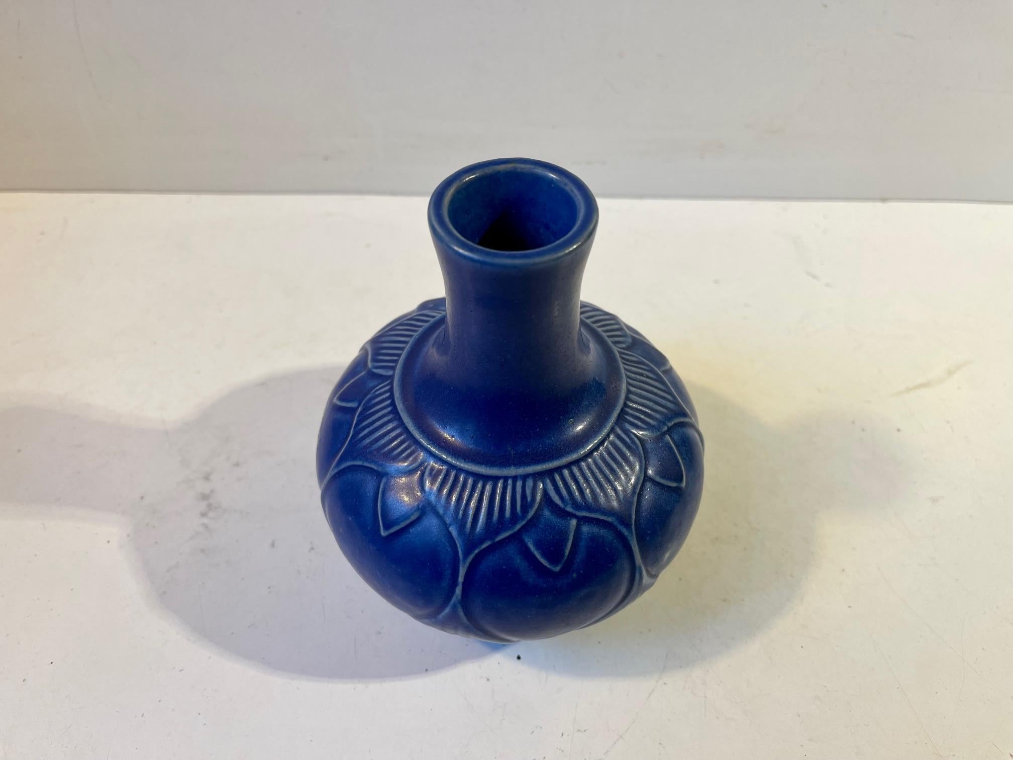 Danish Scandinavian Stoneware Vase with Blue Glaze from Lauritz Hjorth, 1950s For Sale