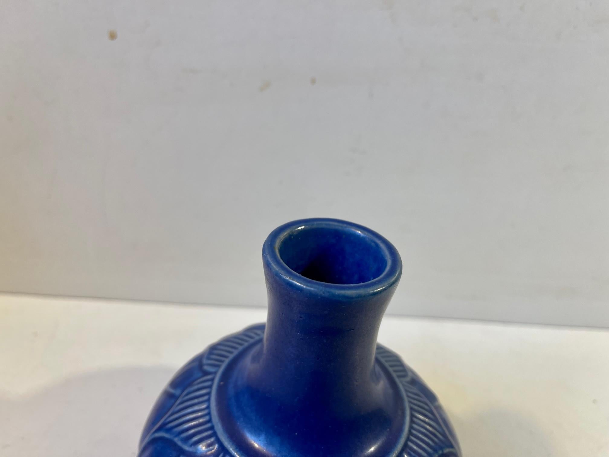 Glazed Scandinavian Stoneware Vase with Blue Glaze from Lauritz Hjorth, 1950s For Sale