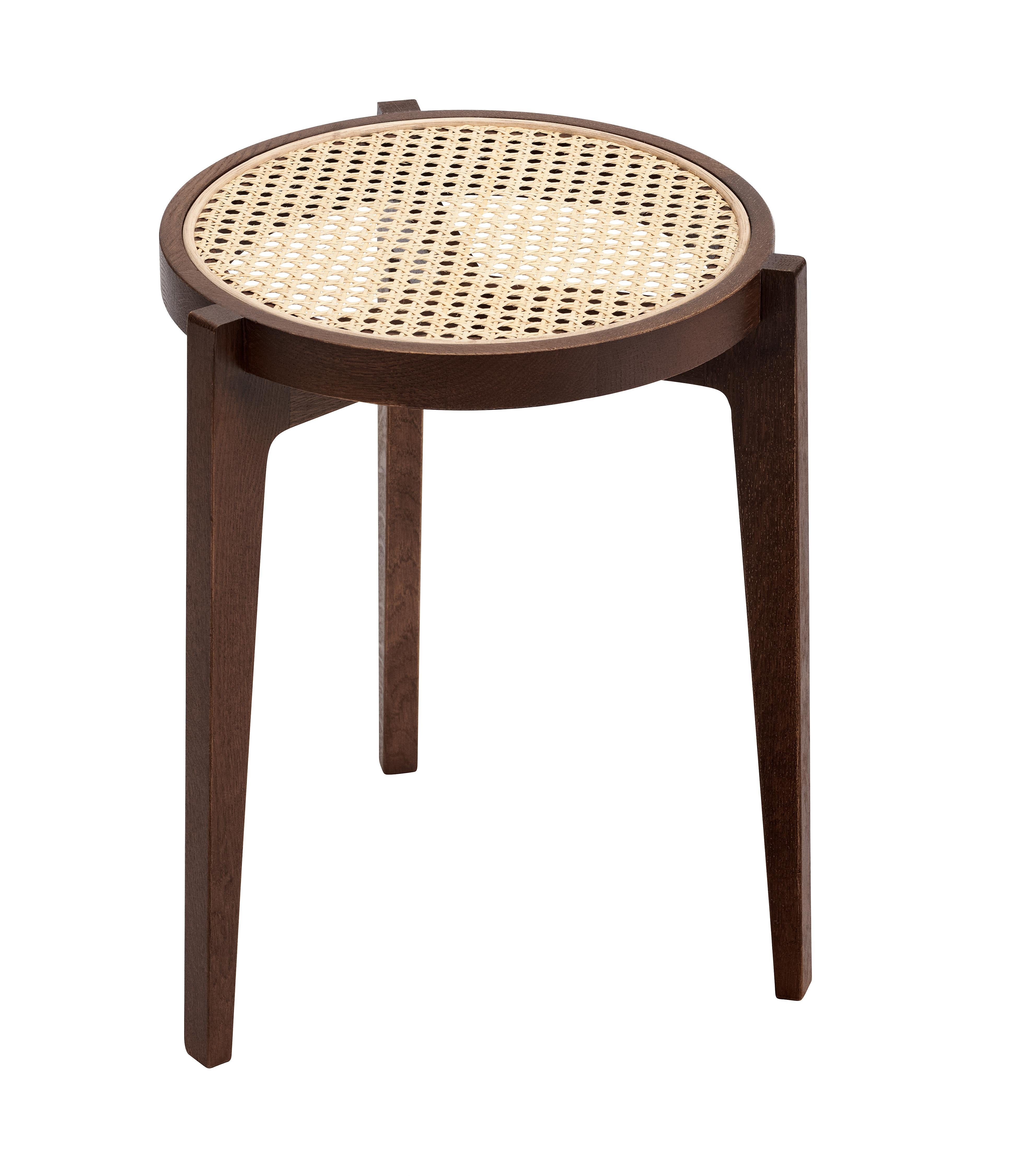 'Le Roi' Stool by Norr11

Dimensions :
Diameter: 36 cm
Height: 44 cm

Model shown on the picture:
Color: Dark Smoked Oak
Natural French Rattan

---
The Le Roi Coffee Table is constructed as a frame geometry of solid oak, with
inlaid natural French