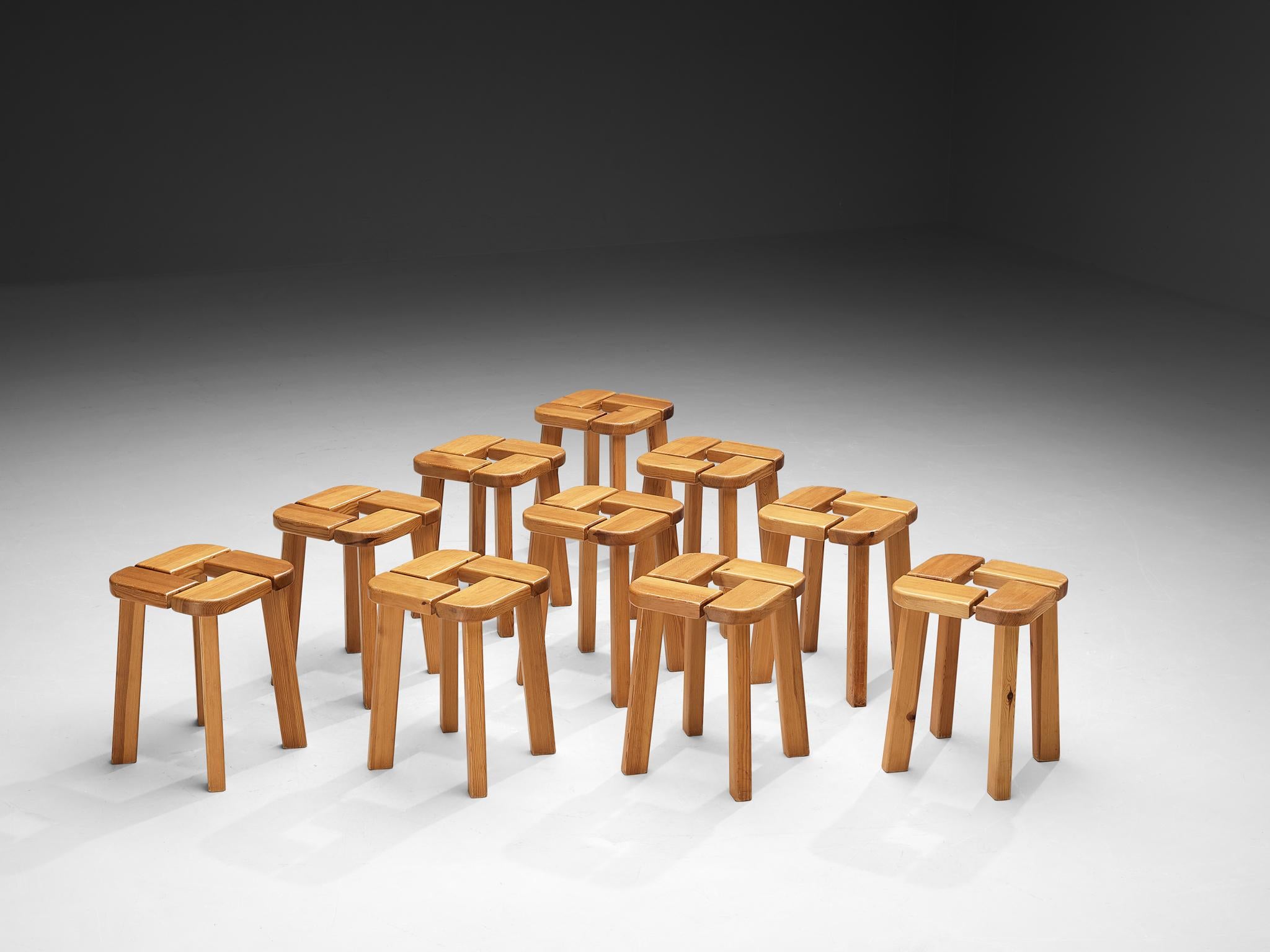 Scandinavian Stools in Pine with Geometric Tops 1970s For Sale 6