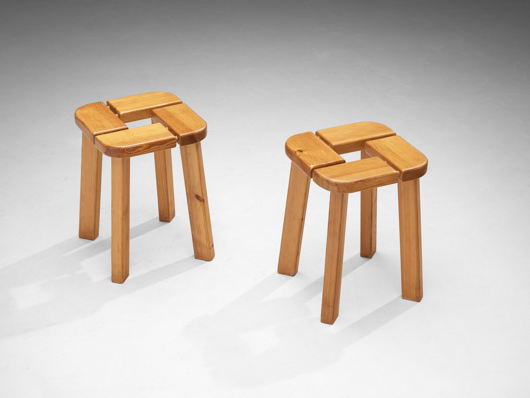 Scandinavian Stools in Pine with Geometric Tops 1970s For Sale 9
